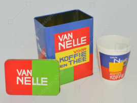 Van Nelle blik voor  koffie en thee met bijbehorende conische aardewerk van Nelle beker