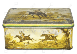 Vintage blikken trommel van De Gruyter met paarden en Engels jachttafereel, vossenjacht