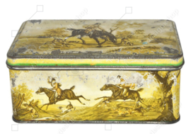 Vintage tin by De Gruyter with horses and an English hunting scene regarding the fox hunt