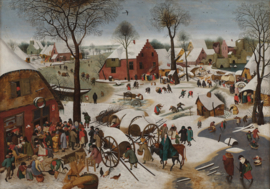 Antieke blikken trommel met schilderijen van Pieter Breugel de Oude
