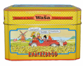 Vintage bewaarblik voor WASA knäckebröd met Jan, Jans en de kinderen van Jan Kruis