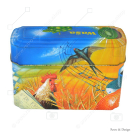 Caja de lata naranja con azul para Crackers de Wasa con imagen de gallo, abeja, girasol, cereal y fruta