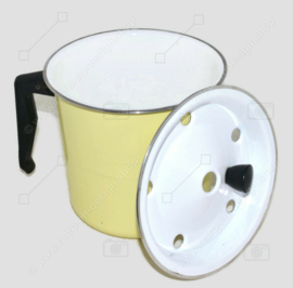 Brocante enamel yellow milk boiler or cooker with black bakelite handle and knob