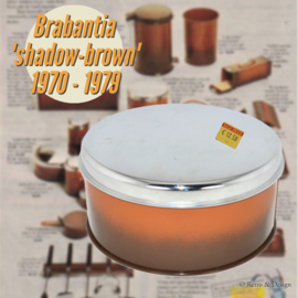 Ronde vintage koektrommel van Brabantia in 'shadow-bruin' en met verchroomd deksel