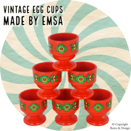 Set van zes vintage Emsa Eierdopjes in rood met bloemenpatroon