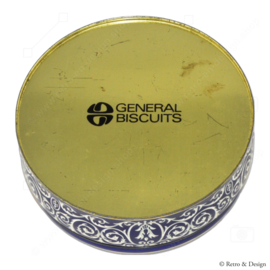 Lata de galletas redonda azul y blanca con querubines de General Biscuits