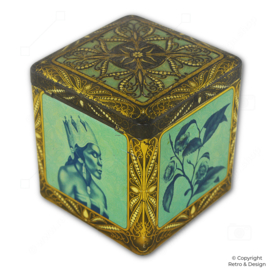 Albert Heijn Vintage Tea Tin – Square Cube, Gold with Oriental Woman