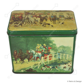 Boîte à thé vintage de 'De Gruyter' avec scène de chasse anglaise concernant la chasse au renard