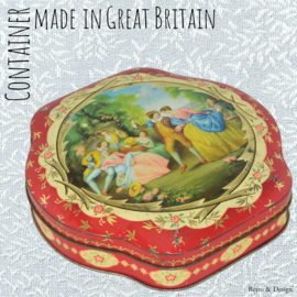 Scalloped tin with romantic scene, container made in Great Britain