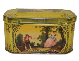 Vintage caja de lata con escenas románticas. Hecho por "De Gruyter goudmerk thee"