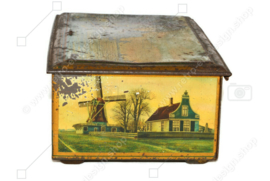 Rectangular vintage tin made by Petten Wormerveer for cocoa powder. Windmills and houses of the Zaanse Schans