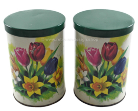 Conjunto vintage de latas de Tomado para "De Keukenhof" con flores de primavera como tulipán y narciso.