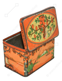 Rechteckige Vintage-Kakaodose mit Klappdeckel, "De Gruyter's Kakao", Marke Orange
