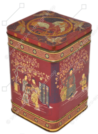 Vintage red-brown English tea tin with various oriental images