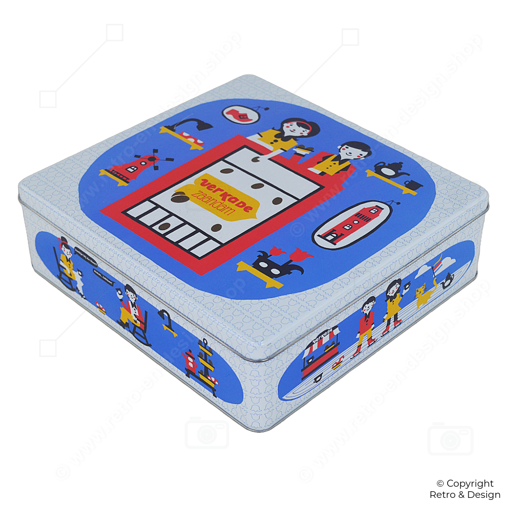 Boîte à biscuits vintage Verkade – Design hollandais classique en rouge, jaune et bleu