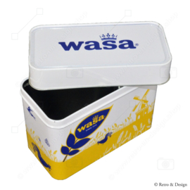 Lata vintage en amarillo, blanco y azul fabricada por Wasa para guardar galletas