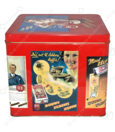 Large red square retro Douwe Egberts Coffee tin with nostalgic D.E. advertisements