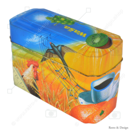 Caja de lata naranja con azul para Crackers de Wasa con imagen de gallo, abeja, girasol, cereal y fruta