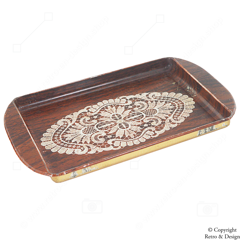 Vintage Verkade Metal Biscuit Tin – Woodgrain with Lace Doily Pattern (1967)