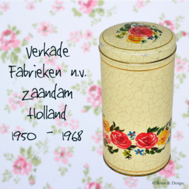 Lata vintage amarillo crema para bizcochos con flores y motivo de crujido fabricada por VERKADE