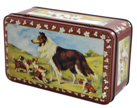 Vintage AJP tin with image of Scottish Collie and puppies