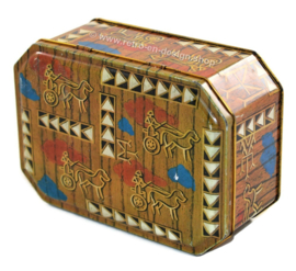 Tin box with images of stylized chariots