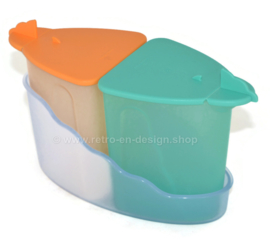 Vintage Tupperware Expressions melk- en suikerkannetje in houder