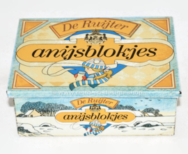 Caja rectangular de hojalata vintage con una escena de invierno para cubos de anís de De Ruijter