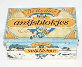 Rectangular vintage tin box with a winter scene for anise cubes by De Ruijter