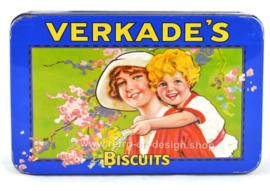 Lata vintage de Verkade con madre e hijo en diseño nostálgico