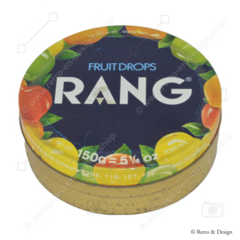 Round multi-coloured tin for RANG fruitdrops