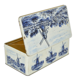 Lata rectangular vintage con varios molinos de viento en azul / blanco de Delft