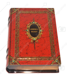 Book simulant or book-shaped tin with orange leather imitation, Gourmets Delight for VICTORIA