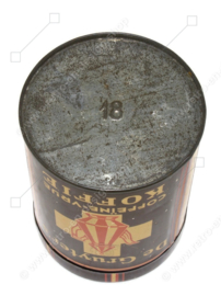 Vintage round coffee tin with a loose lid, "De Gruyter's decaffeinated coffee", brown and cream coloured