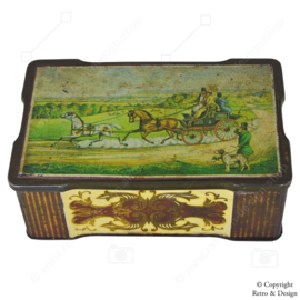 Rectangular vintage tin with a carriage, two horses, a gentleman with top hat, and two dogs