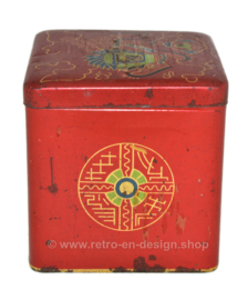 Vintage tin cube for tea by Van Nelle with an image of an Oriental lion