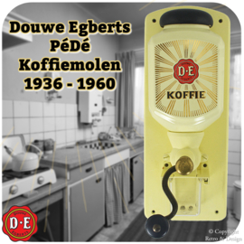 Molinillo de café vintage montado en la pared Zassenhaus de PéDé con logotipo de Douwe Egberts