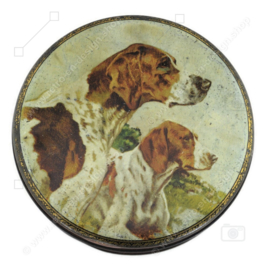 Round vintage tin by A.S. WILKIN Ltd. with image of two English pointers