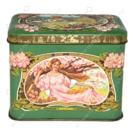 Vintage chocolate tin with images of four seasons and nostalgic ladies