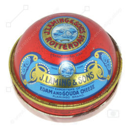 Red spherical metal box, in the shape of an Edam cheese ball by J. Laming & Sons, Rotterdam