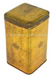 Vintage gold colored rectangular tea tin with Juliana and Wilhelmina of the Netherlands.