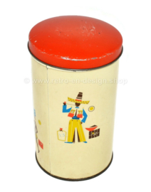 Caja de café de hojalata vintage con varias imágenes relacionadas con el transporte de granos de café