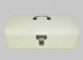 Brocante enamel bread bin in cream white with handle and clip closure