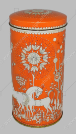 Vintage rusk tin by Verkade in orange and white with stylized horses, trees and flowers...