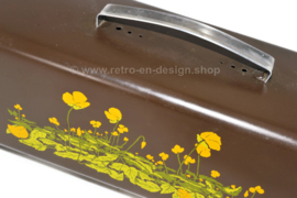 Vintage Brabantia peperkoekblik in bruin met decor van gele boterbloemen