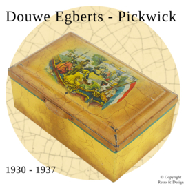 Boîte en métal vintage Douwe Egberts Pickwick Tea (1930-1937) avec un bateau et un café