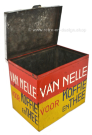 Large rectangular shop tin by Van Nelle for coffee and tea in yellow-red-black. Bekkers, Dordt