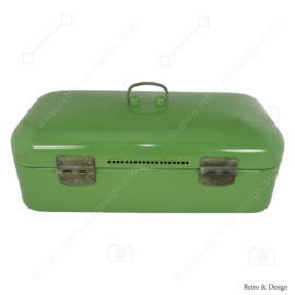 Brocante reseda green enamel metal bread bin with closure and handle