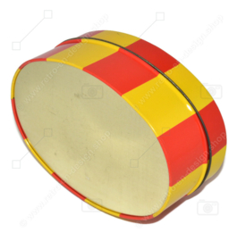 Ovale vintage koektrommel in rood en geel, in de vorm van een circustent voor Bolletje