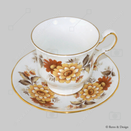 Taza y plato de porcelana "Queen Anne" - Bone China made in England - estampado floral en tonos marrones